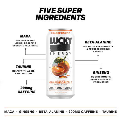 16oz (12-Pack) 200mg Lucky Energy Sugar Free Energy Drinks, Orange Drizzle, Cans Healthy, Zero Sugar Energy Drink