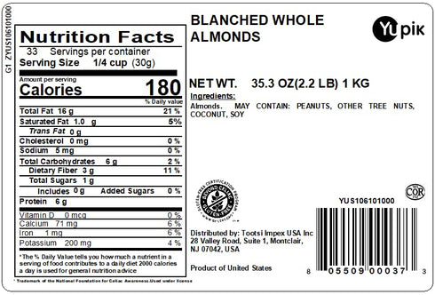2.2 lb, Pack 1 Yupik Whole Blanched California Almonds, Skinless, Unsalted, Gluten-Free, Kosher, Raw, Good Source
