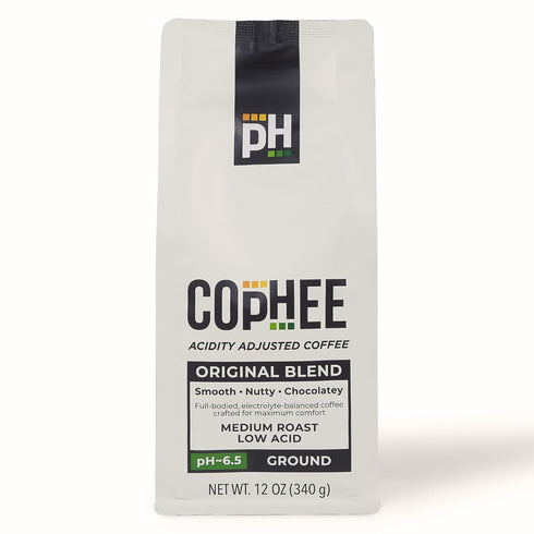 COpHEE 100% 12 oz Low Acid Coffee Medium Roast Ground Smooth Arabica, Non-GMO pH Balanced Coffee for Sensitive