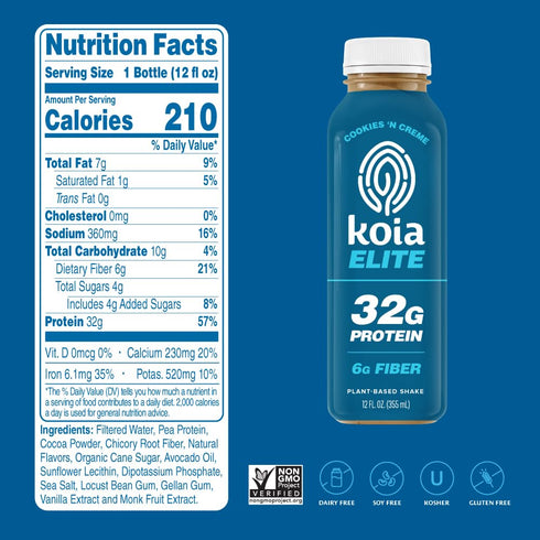 32g (12 Oz) Koia Elite - Cookies & Creme - Protein - Ready To Drink Plant Protein Shake - Low Sugar, Dairy Free, Gluten