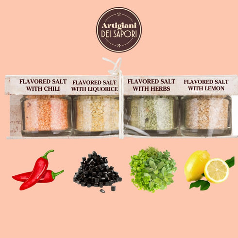 4 Flavor Pack, Infused Sicilian Salts "Sali Aromatizzati", Flavored Salt with Liquorice, Herbs, Lemon, Chili, Artigiani di Sapori, Italian Gifts