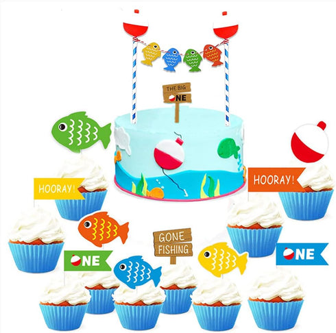 TUKIMA 21 PCS Pastel Blue Fishing Cake Toppers for Birthday & Baby Shower Parties