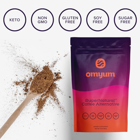 (30 OMYUM SuperNatural Coffee Alternative Servings) - Organic Superfood Adaptogen Mushroom Blend with Cacao, Lions