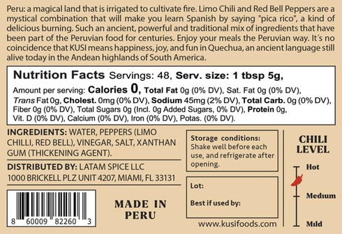 Kusi Foods Peruvian Hot Sauce, 8.5 oz - Limo Chili & Red Bell Peppers, Natural Ingredients