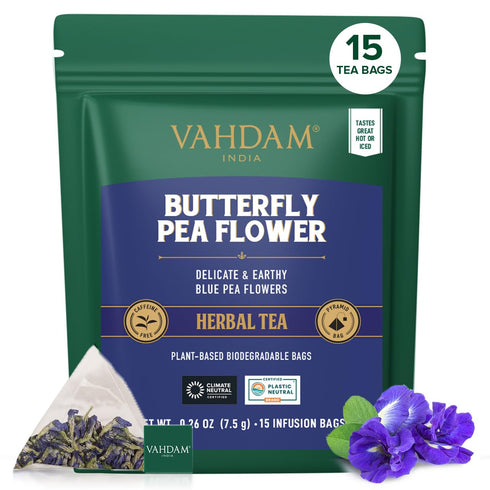 VAHDAM, Butterfly Pea Flower (15 Pyramid Bags) Vegan, Non-GMO | Delicate &