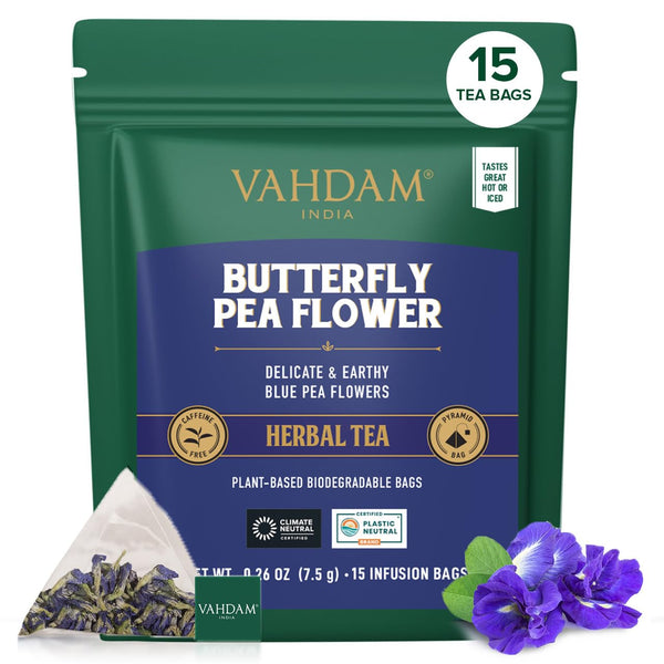 VAHDAM, Butterfly Pea Flower (15 Pyramid Bags) Vegan, Non-GMO | Delicate &