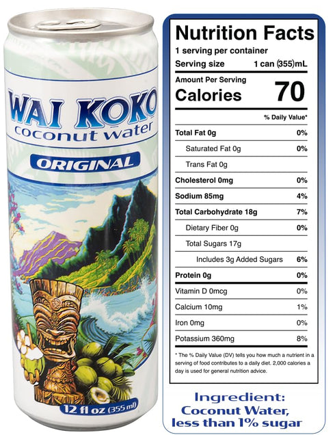 12 Oz (Pack 12) Wai Koko Original Coconut Water, Not from Concentrate, Natural Electrolytes, Fl Cans