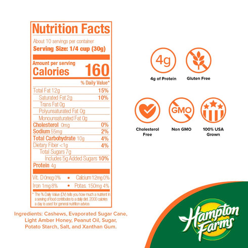 11 oz. 2 Pack Hampton Farms - USA Grown Gourmet Nuts - Honey Roasted Cashews - Canisters