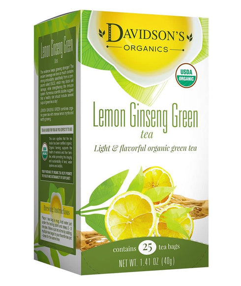 Davidson's Organics, Lemon Ginseng Green, 25-count Tea Bags, Pack of 6