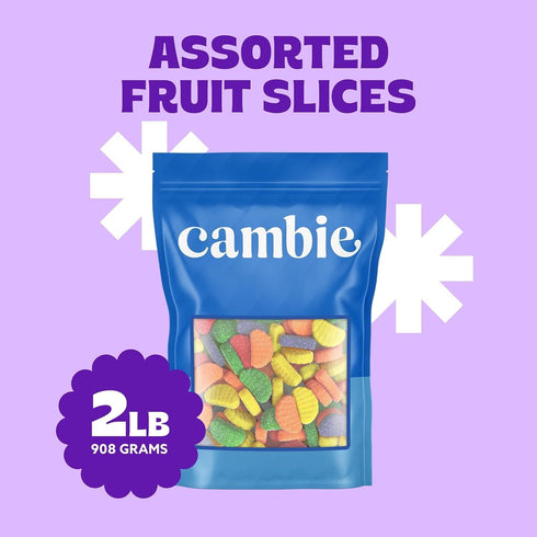 2 lb Cambie Fruit Slices Candy, of Assorted Fruit Slices Jelly Candy in Five Mouth-Watering Flavors - Cherry, Orange