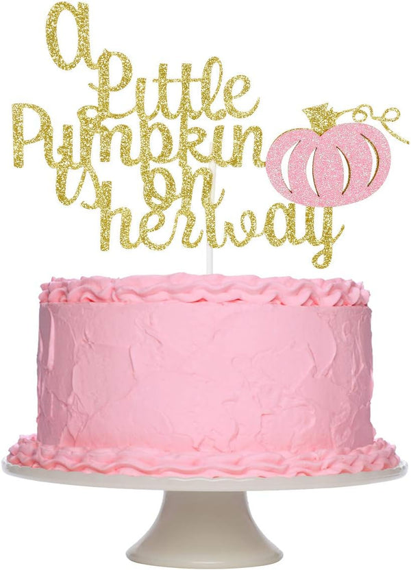 A Little Pumpkin is On Her Way Cake Topper, Pink Glitter Baby Shower Decoration for Fall Theme Party