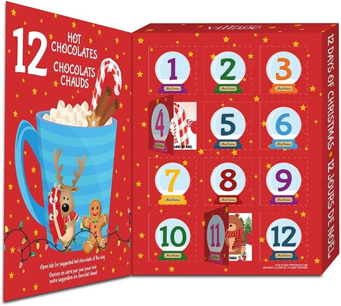 Gourmet du Village 12 Advent Calendar Gift Box, Christmas Season Single-Serve Hot Chocolate Mixes in Assorted Flavors