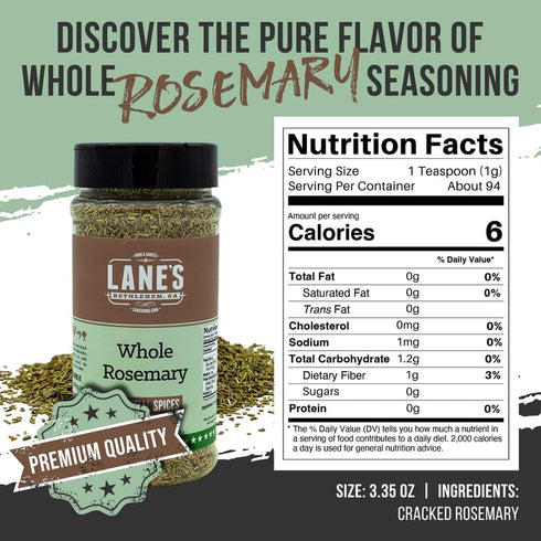 3.35 Oz (94g) Lane's Whole Rosemary Seasoning, All-Natural Cracked Rosemary Spice Compliments Dishes like Chicken