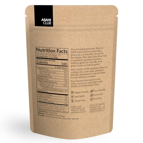 ASAHI CLUB 100% 12 oz Pistachio Flour, Naturally Raw Pistachios, Ultra Fine, Gluten Free, Kosher, Low-Carb Keto