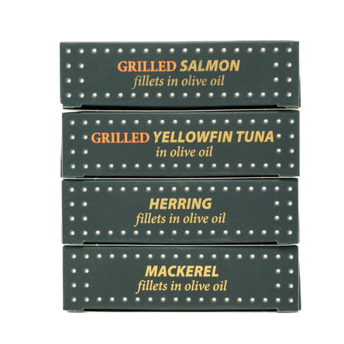 Pack Grilled Catch Canned Fish Variety Wild Caught Mackerel, Grilled Salmon, Yellowfin Tuna & Herring in Olive Oil