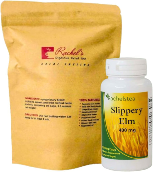Rachel's Tea - 30 Bags/60 Cups with Slippery Elm Bark, 400 mg, 100 Capsules, Caffeine Free