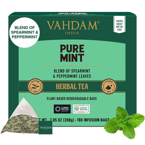 VAHDAM Pure Mint Herbal Tea, 100 Pyramid Tea Bags, Caffeine Free, Non GMO, Gluten Free, Sweet & Minty, Resealable