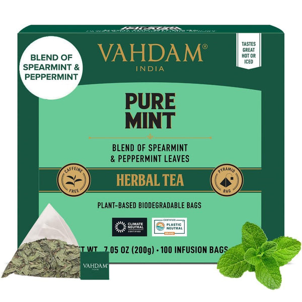 VAHDAM Pure Mint Herbal Tea, 100 Pyramid Tea Bags, Caffeine Free, Non GMO, Gluten Free, Sweet & Minty, Resealable