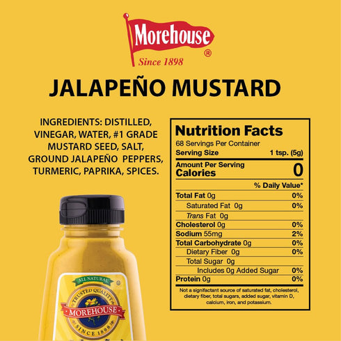 Morehouse 12oz #1 Jalapeno Mustard Bottle Bold & Spicy, Made with Real Jalapenos & Grade Mustard Seeds, Kosher Great