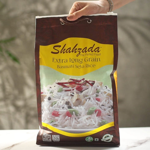 10 Lbs. Shahzada Basmati Sela Rice Extra Long Grain, Non-Sticky, Non GMO, Vegan, Gluten Free, No Cholesterol, Low