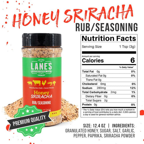 Lane's Honey Sriracha Seasoning, All-Natural Sriracha Powder Blend with Garlic & Herb for Pork & Meat, 12.4 Oz
