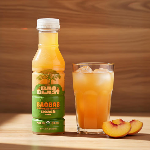 Immune 12 oz 6 BaoBlast Peach Baobab Drink Organic Baobab Fruit powder with peach, MonkFruit Sweetened Functional