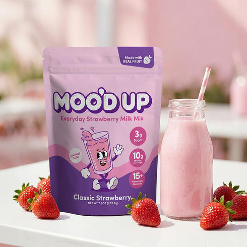 Moo'd Up (10g) 15 Mood Up Strawberry Milk Mix Low Sugar, High Protein Made with Real Strawberries, Dairy-Free, No