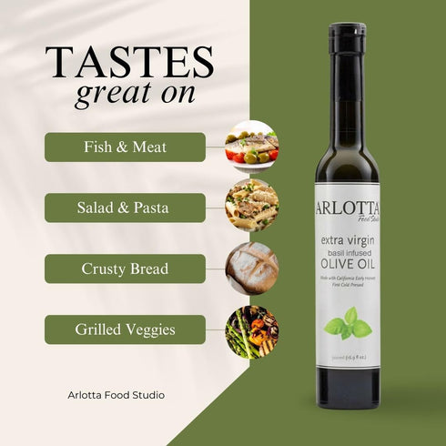 500ml Organic Basil Infused Extra Virgin Olive Oil Cold Pressed | California EVOO Kosher by Arlotta Food Studio | Herb