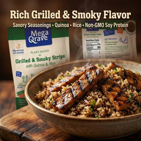 Mega Qrave 10 oz 15g Plant-Based Grilled & Smoky Strips with Quinoa & Rice, Ready-to-Eat Shelf-Stable Vegan Meal