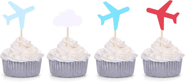 Cloud and Plane Cupcake Toppers - Baby Shower Decoration for How Time Flies Theme Birthday Party Supplies (24 Counts)