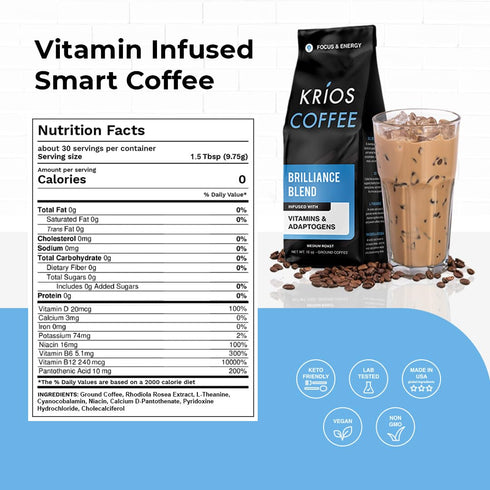 Krios Coffee Brilliance Ground Coffee, Medium Roast with Essential Vitamins, 10 oz Bag