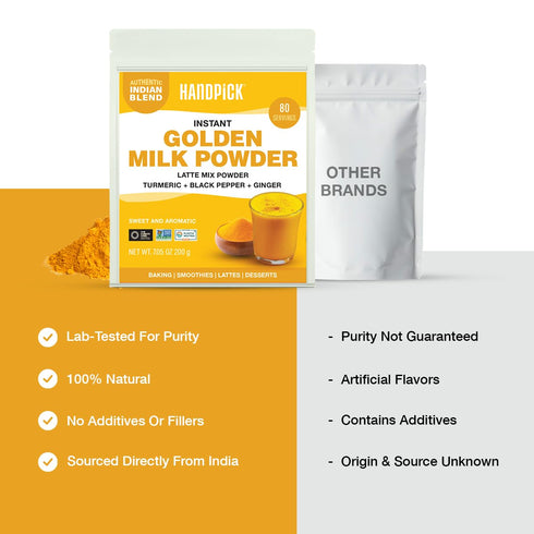 (7oz, 80 HANDPICK Golden Milk Powder with Turmeric - servings) Instant Latte Mix | Blend of Ginger, Black Pepper
