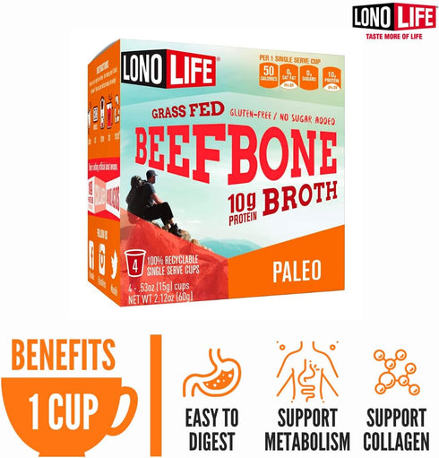 LonoLife Beef Bone Broth Powder Mix, Grass-Fed, 10g Protein, Collagen-Rich, Keto & Paleo Friendly, 10 Single-Serve Cups