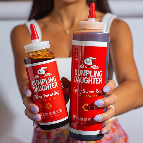 Dumpling Daughter Spicy Sweet Soy Sauce, 16 oz Chef's Bottle - Brown Sugar Sweetened with Spicy Chili Oil
