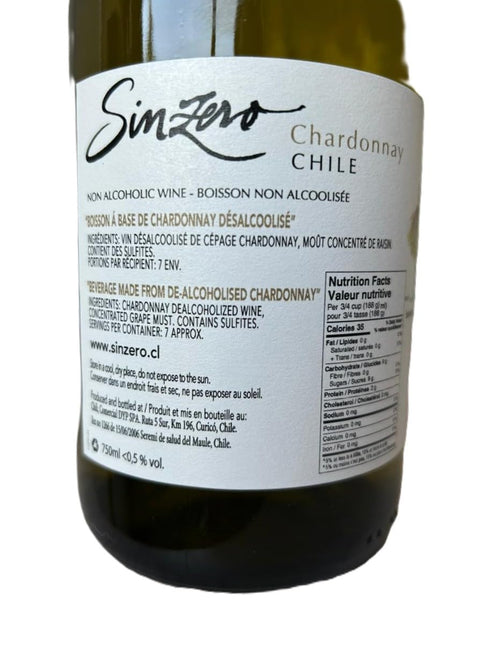 750 ml (25.4 oz) 20 cal/100 ml SINZERO - Chardonnay Non-Alcoholic White Wine - fl - Low calories - Vegan friendly