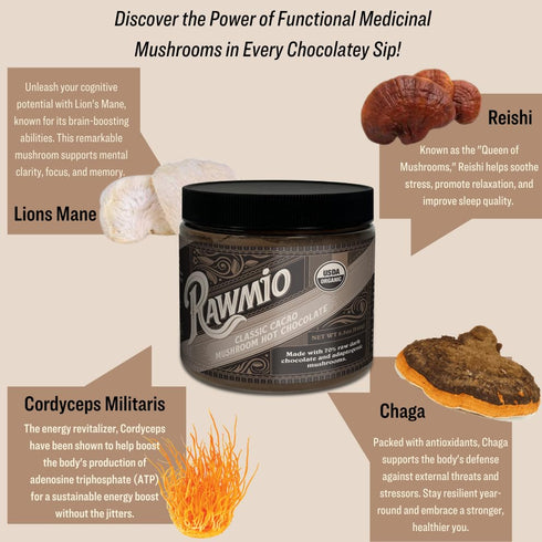 Pack 2 8.5 oz Rawmio Organic Classic Cacao Mushroom Hot Chocolate - Vegan, Kosher, Low-Fat and Gluten-Free | of |