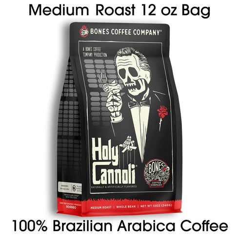 12 Oz Bones Coffee Company Holy Cannoli, Baked Cannoli Flavored Coffee, Medium Roast Low Acid Arabica Beans Compatible