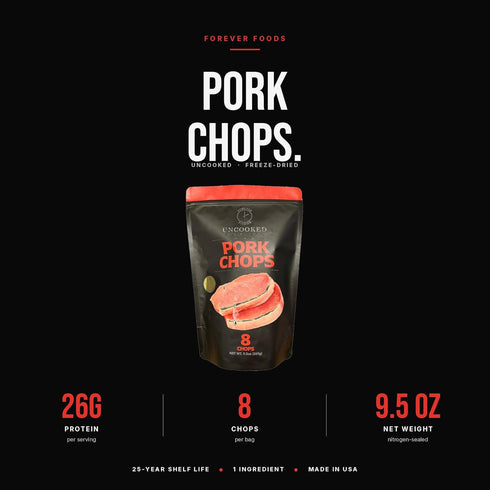 8-Count Pack 2 lbs. FOREVER FOODS Uncooked Freeze-Dried Pork Chops | | Family | Equivalent