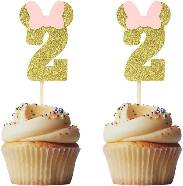 Morndew 24 PCS Gold Pink Glitter Number 2 Cupcake Toppers for Baby Girl Second Birthday Party Decorations