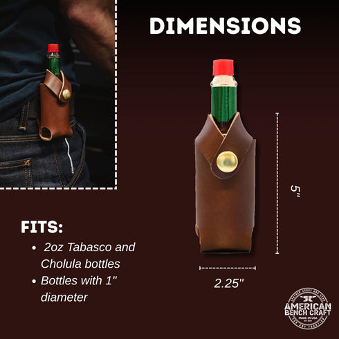2 oz. Hot Sauce Holster - Full Grain Leather Belt Holder - Solid Brass Snap - Convenient Slip-On Hot Sauce Bottle