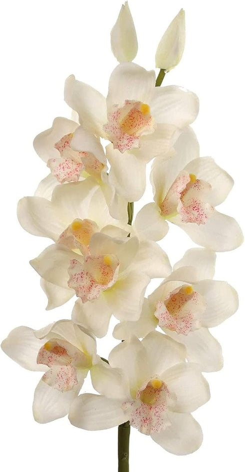 30" 10 2 Larksilk Silk Cymbidium Orchid Stem - White, Long with Flowers and Buds | Perfect for Weddings, Home Decor