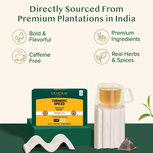VAHDAM Turmeric Spice Herbal Tea Bags (30 Count), Caffeine-Free, Non-GMO, Gluten-Free, 100% Pure Herbal Tisane - Savory
