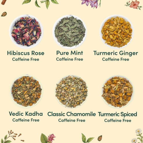 Pack (6 36 Set VAHDAM, Assorted Herbal Tea Variety Variants, Tea Bags) Caffeine Free, Gluten Free, Non GMO | Eco