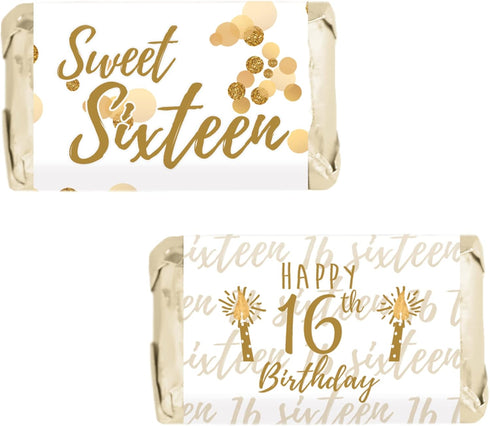 White and Gold Sweet 16 Birthday Party Mini Chocolate Candy Bar Wrappers - 42 Stickers for Sixteen 16th Party Favor