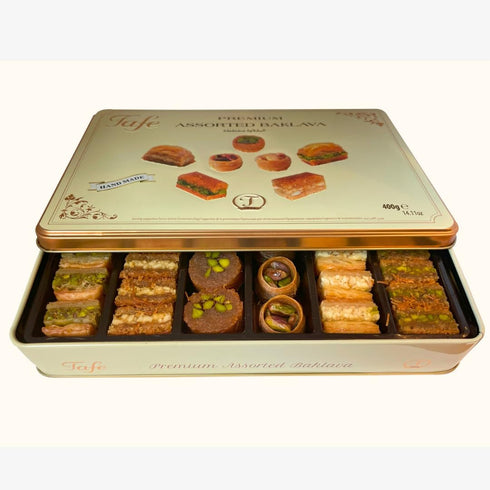 TAFE 400 14.10 Oz. Mixed PREMIUM BAKLAVA, Assorted Sweet Dessert Holiday Gift Basket Tin Box gr