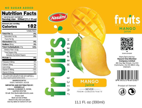 NASAMI 100% 11.1 oz (330ml) Pack 24 Mango Juice Not From Concentrate, No Sugar Added, Natural Fruit Drink, fl Cans