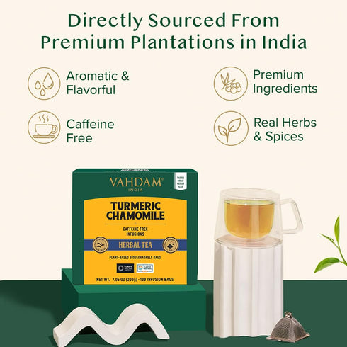 (100 Free,100% VAHDAM, Turmeric Chamomile Tea Bags Herbal Tea Bags) Caffeine Pure Herbal Tisane - Warm, Earthy & Floral