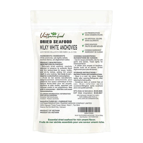 7.05 Oz (200g) MILKY WHITE DRIED ANCHOVIES VIETFARMFOOD: Premium Small Size & Pure Flavor Ideal for Broth, Relish
