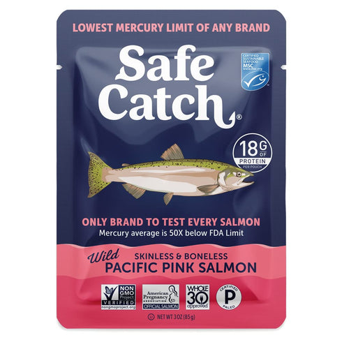 12-Pack 3oz Packets Safe Catch Wild Pacific Pink Salmon Skinless Boneless Wild-Caught Salmon Fish Pouch, Mercury