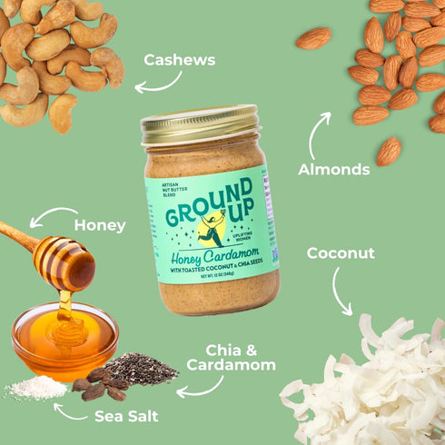 1 12oz Ground Up Almond & Cashew Nut Butter - Honey Cardamom With Chia Seed - Peanut-Free, Dairy-Free, Gluten-Free
